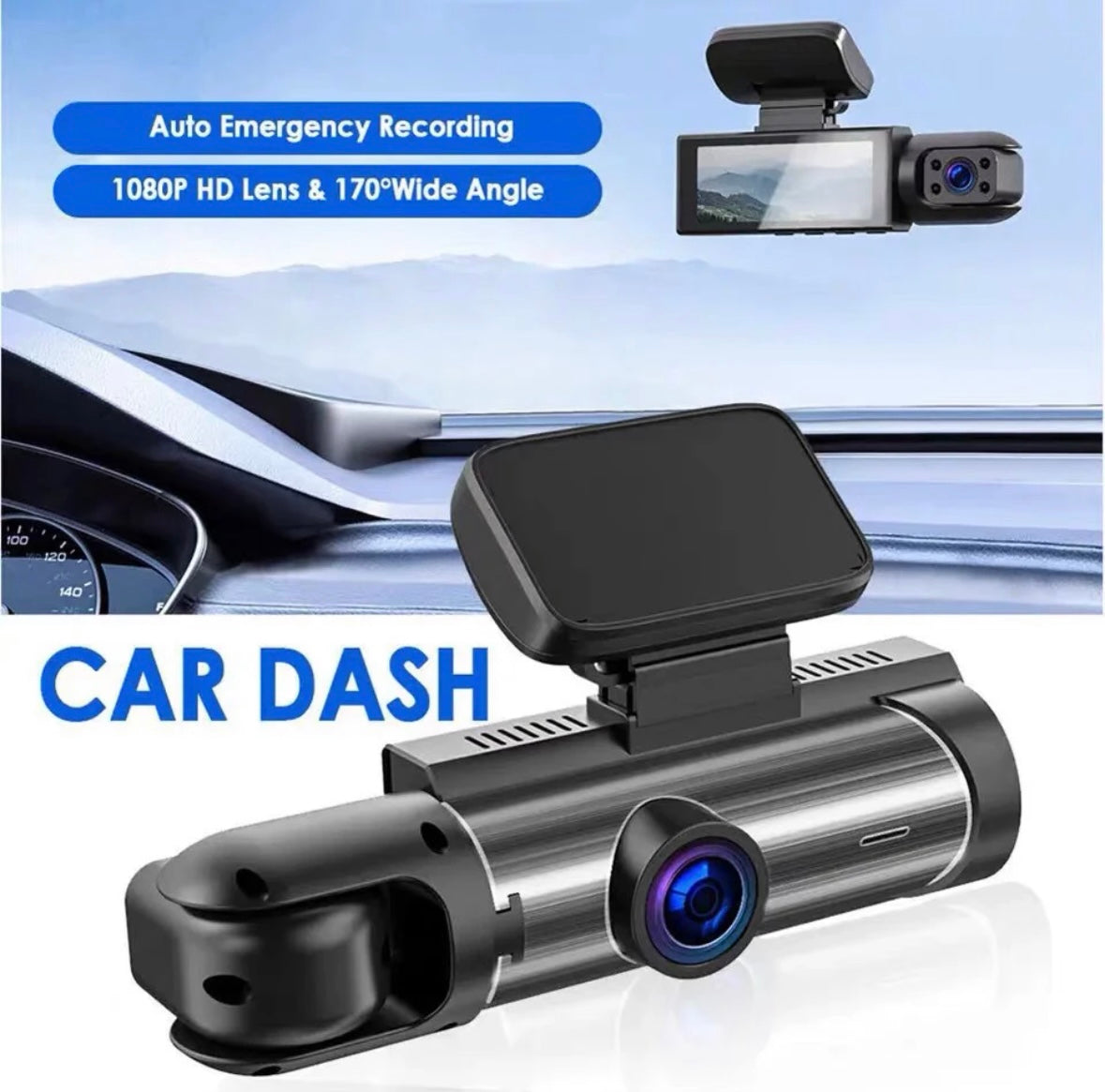 Dual Lens Dash Cam – 1080P Front & Rear Cameras | Night Vision | G-Sensor | Loop Recording | Motion Detection | 170° Wide-Angle | Emergency