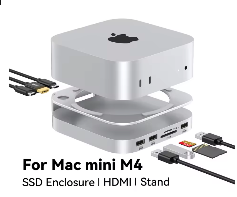 USB C Hub with M.2 SSD Enclosure for Mac Mini M4/M4 Pro Stand Type-C Docking Station SSD Case USB3.2 Gen2 SD4.0 TF4.0